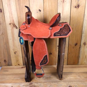 Orange Handcrafted Western Barrel Saddle Genuine Leather 15 Inch. Orange 15 Inch Barrel Saddle for Horse Riders