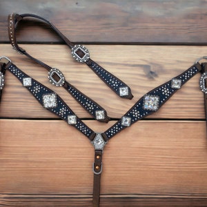 Handmade Leather Headstall and Breast Collar tack Set for horse, Western Black Headstall with clear rhine stones and metal beads on inlay