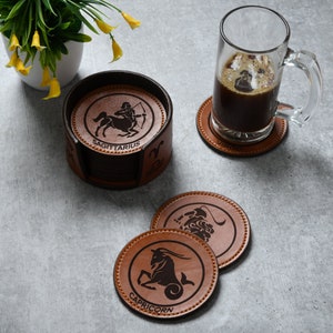 Mousm Leather Coaster Set, Coasters with Holder, Zodiac Sign Engraved Round Leather Coaster Housewarming Gift, Bar Coaster Gift, Beer Mat