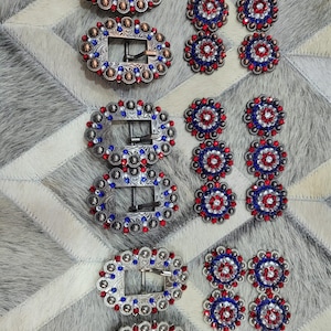 Antique Conchos Decorated with Red Royal White Stones Bling Buckle Set Handcrafted Mandala Design Floral Pattern Western Conchos for Saddle