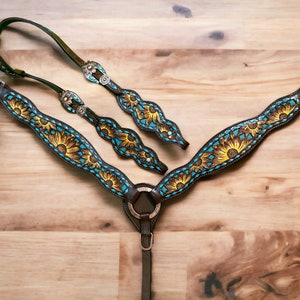 Leather Headstall and Breast Collar Set for the horse, Western Headstall  sunflower carving and teal rawhide  full horse Size  MOUSM