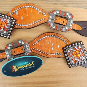 Spur strap Leather Ladies Spur strap decorated with Orange metallic acid wash cowhide look by Mousm