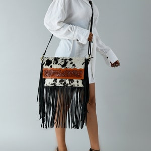 MOUSM Genuine Hand Tooled Leather and Hair on Fringe Bag Country Western Southern Cowhide Crossbody Bag- Shoulder Purse for Women