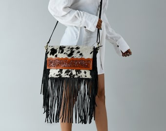 Hand Tooled Leather Cowhide Fringe Crossbody Bag