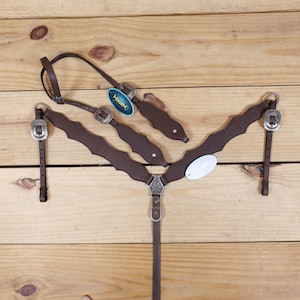 Western Leather Headstall and Breast Collar tack Set decorated with Plain brown leather on standard design