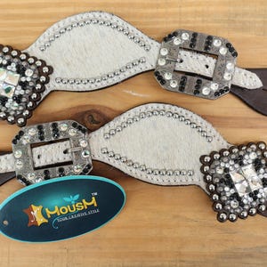 Spur strap Leather Ladies Spur strap decorated with Royal White metallic acid wash cowhide look by Mousm