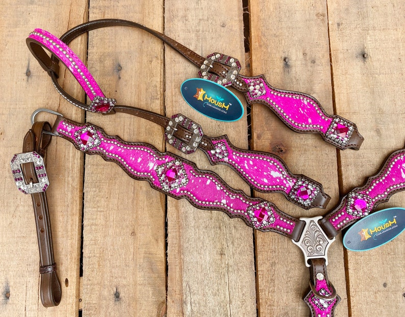 Valentine Day Western Leather Headstall and Breast Collar Tack Set for the Horse, Headstall Pink