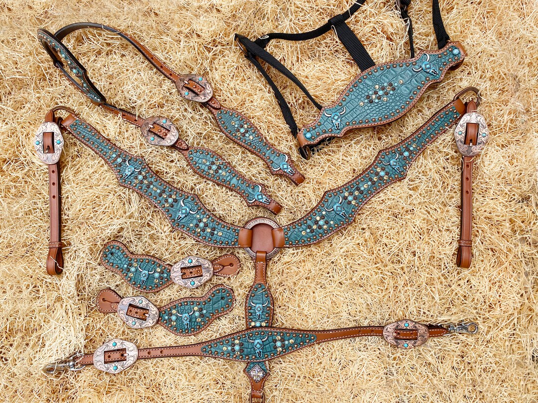 Ensemble Tête Western Et Collier De Poitrine Pour Cheval - Cuir Bleu Turquoise & Marron - Marque MOUSM - Neuf