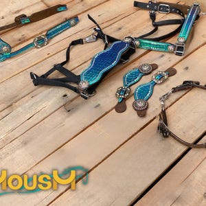 Leather Horse Headstall & Breast Collar Set: Turquoise Alligator Print