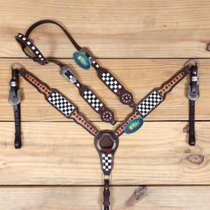 Western Headstall and Breast Collar tack Set has check yard / Finish line tooling with carved and hand painted gambling symbols (Gambling)