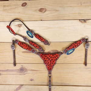 Red Leopard Print Leather Headstall and Breast Collar for Horse. Handmade Tack Set by Articians
