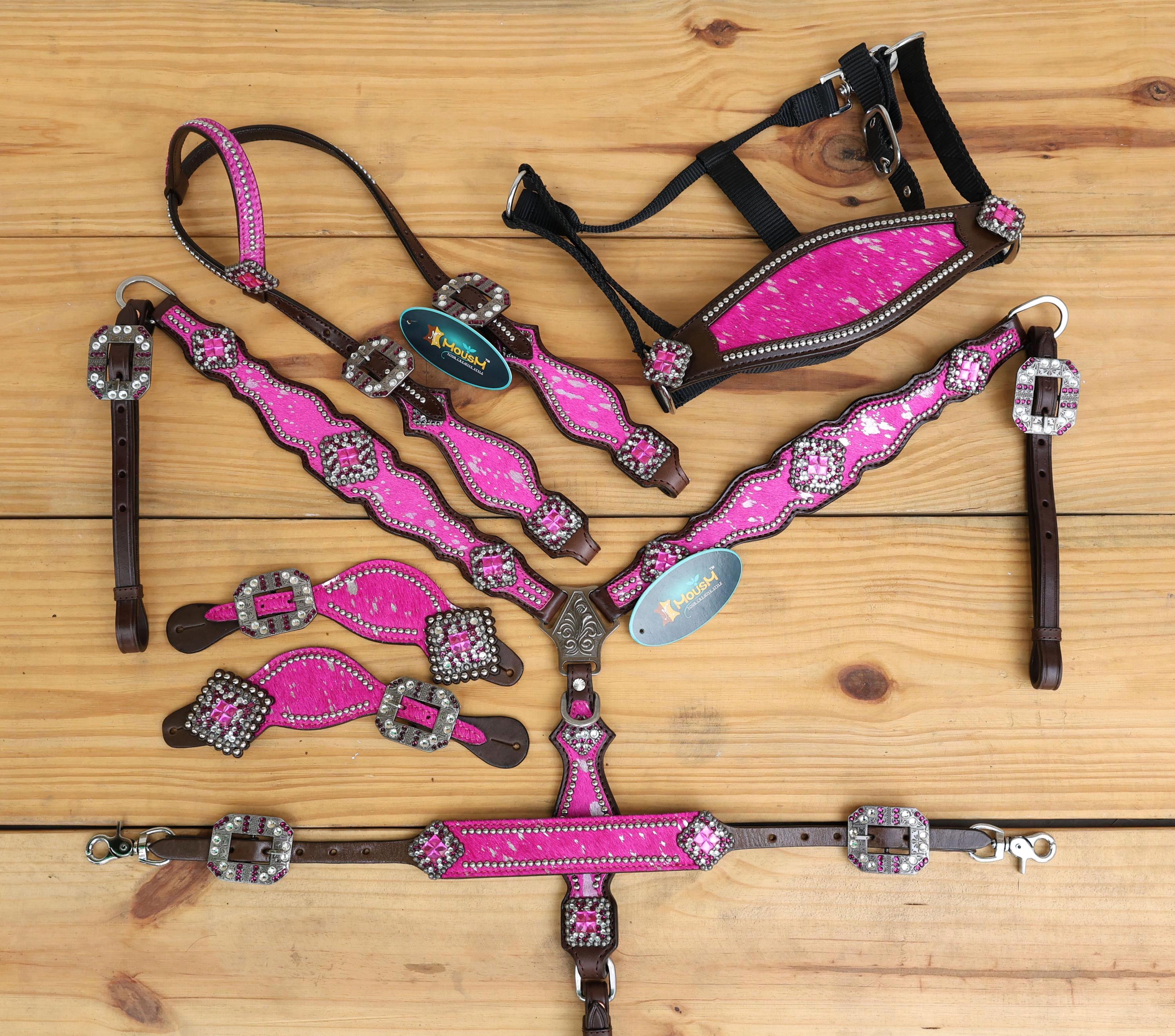 Pink Cowhide Leather Headstall & Breast Collar Set: Western Horse Tack by Mousm (Pink)