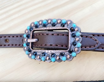 Ensemble Tête Et Collier De Poitrail Western – Cuir Marron Clouté Cristaux Turquoise
