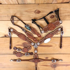 Leather Headstall and Breast Collar Set horse, Western headstall Tack decorated  with hand tooled and carved  white rawhide braiding MOUSM