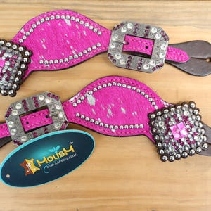 Spur strap Leather Ladies Spur strap decorated with pink metallic acid wash cowhide look by Mousm