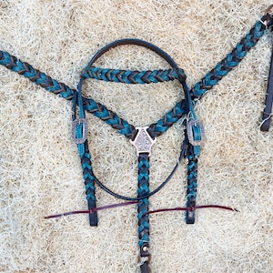 Leather Headstall and Breast Collar Set for horse, Western headstall tack decorated with teal alligator and dark brown braiding by MOUSM