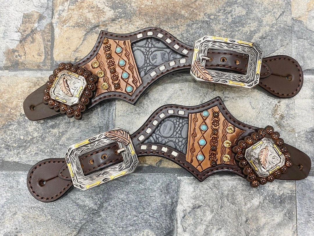 Ladies Beaded Flower Spur Straps - Floral Buckles