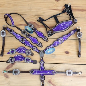 Western Leather Headstall and Breast Collar tack Set for the horse, Leather headstall set on purple silver acid wash cowhide look (Purple)