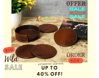 Full Grain Leather Coaster Set with Holder - Tan Drink Coasters