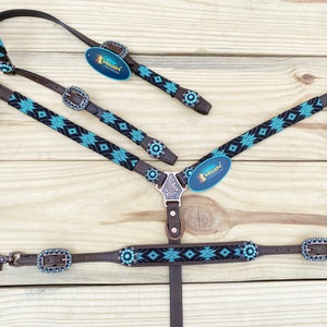 Leather Headstall and Breast Collar with Wither Strap Western Leather Tack Set for the horse with turquoise brown Beaded inlay and Concho