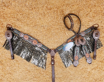 Western Horse Headstall Breast Collar Set: Leopard Fringe, Copper Studs