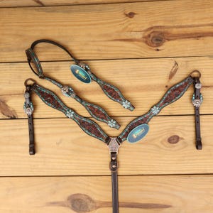 Leather Headstall Tack set gifts for horse lovers. Horse Headstall set with turquoise flower hardware and stripped tooled and painted Mousm