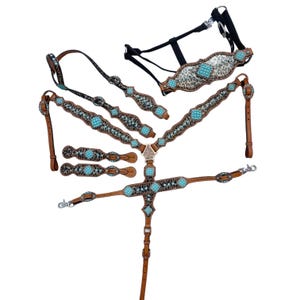 Leather Headstall and Breast Collar Set, Western headstall for full horse decorated with Leopard print and Turquoise gemstone overlay MOUSM