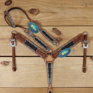 Leopard Carving Leather Headstall Tack Set: Turquoise Border, Full Horse Size