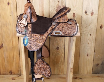 Selle Western Pour Course De Tonneau - Taille 15 Pouces - Cuir Sculpté