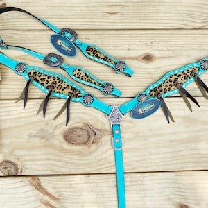 Turquoise Leather Western Headstall Breast Collar: Leopard Inlay, Fringe