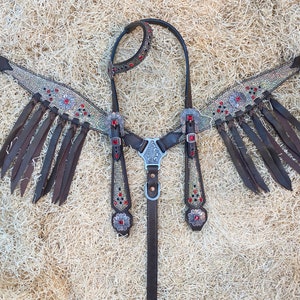 Può includere: Una briglia per cavalli in pelle marrone con ferramenta argentata e dettagli in strass rossi. La briglia ha frange sulla fronte ed è decorata con un motivo floreale.