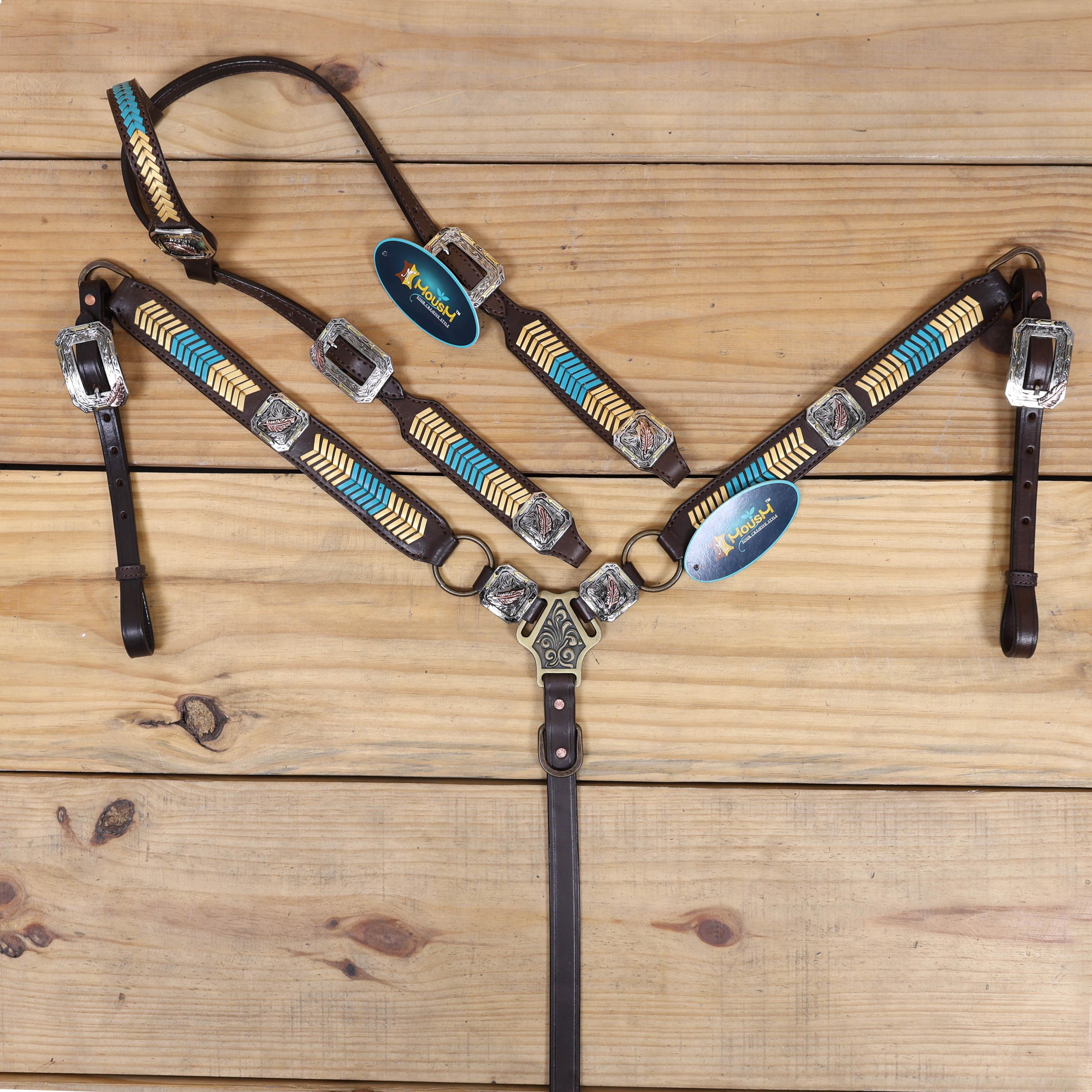 Western headstall tack Set decorated with golden and turquoise arrow shape brading and 3 Tone feather square concho By Mousm