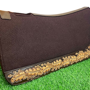 Western Saddle Pad: Hand Tooled Leather, Brown Felt, 31x30