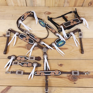 Leather Headstall and Breast Collar complete Set horse and riders, Western headstall Tack decorated with flower carving and white string