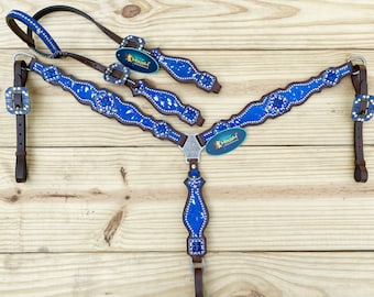 Royal Blue Acid Wash Cowhide Headstall Breast Collar: Silver