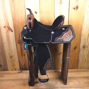Black Handcrafted Western Barrel Saddle Genuine Leather.Black Barrel Saddle for Horse Riders