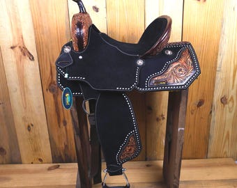 Black Handcrafted Western Barrel Saddle Genuine Leather.Black Barrel Saddle for Horse Riders