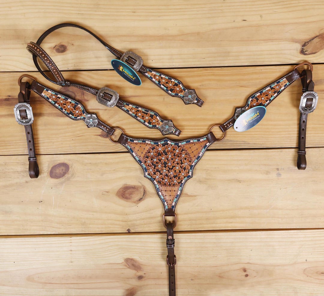 Western Horse Headstall Breast Collar Set American Leather Skulls