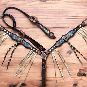 Handcrafted Hide Leather Fringe Headstall & Breast Collar, Saddle Headstall Conchos - Horse Tack - Equestrian Gift MOUSM