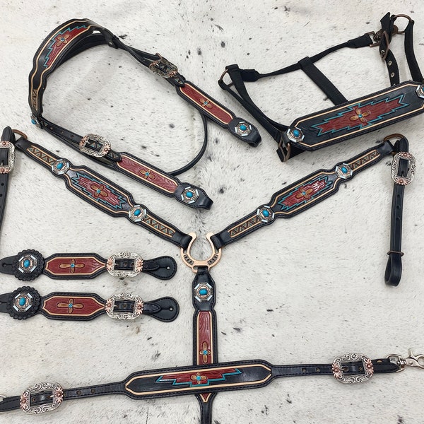 Ensemble D'attache Cheval Moyen - Concho Turquoise, Bride, Col Poitrine, Rênes (Neuf)