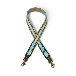 Turquoise Floral Leather Bag Strap: Adjustable Crossbody Purse Strap