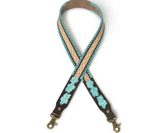 Turquoise Floral Leather Bag Strap: Adjustable Crossbody Purse Strap