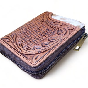 Cartera Cartera de cuero para hombre occidental para hombre Caja de cuero de vaca argentina Cartera tallada en borde con herramientas Cartera con cierre de cremallera completa de MOUSM