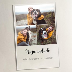 May include: A framed print featuring three photos of a person with a Bernese Mountain Dog. The person is wearing a yellow jacket. The print has the text "Naja und ich" and "Mehr brauche ich nicht!"