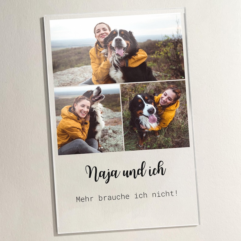 May include: A framed print featuring three photos of a person with a Bernese Mountain Dog. The person is wearing a yellow jacket. The print has the text "Naja und ich" and "Mehr brauche ich nicht!"