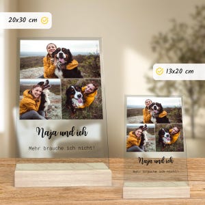 May include: Two clear acrylic photo displays, one 7.87 x 11.81 inches and the other 5.12 x 7.87 inches, each featuring a collage of three photos of a person and a dog. The text "Naja und ich" and "Mehr brauche ich nicht!" are visible.