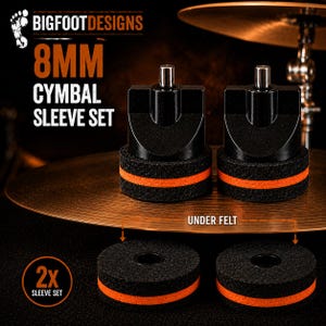 Pode incluir: Mangas de pratos pretas com detalhes laranja e almofadas de feltro. A imagem mostra hardware de bateria com o texto "8MM CYMBAL SLEEVE SET" e "2x SLEEVE SET".