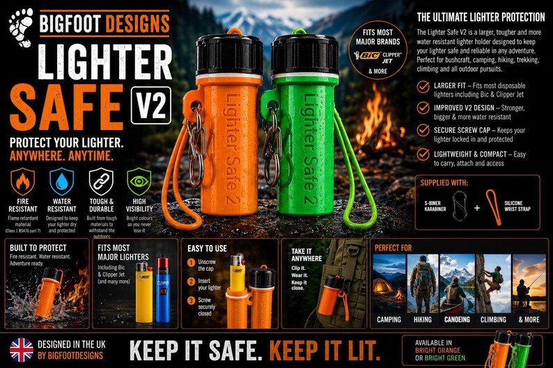 May include: Orange and green Lighter Safe V2 holders with black caps, designed to protect lighters. The image includes text that says "Protect your lighter. Anywhere. Anytime." and "Keep it safe. Keep it lit."