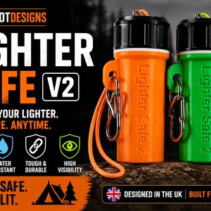 May include: Two waterproof lighter cases, one orange and one green, with black caps and attached lanyards. The text "LIGHTER SAFE V2" is displayed above the words "PROTECT YOUR LIGHTER. ANYWHERE. ANYTIME."