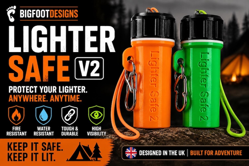 May include: Two waterproof lighter cases, one orange and one green, with black caps and attached lanyards. The text "LIGHTER SAFE V2" is displayed above the words "PROTECT YOUR LIGHTER. ANYWHERE. ANYTIME."